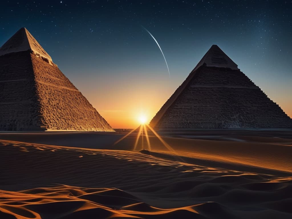  An impressive scene with one or more majestic pyramids illuminated by a bright light emerging from the top of the largest pyramid. The light pillar shoots straight upwards into the sky, surrounded by vibrant and swirling patterns reminiscent of Van Gogh's artistry in a night sky setting. The person in the image should be modestly dressed with appropriate clothing for the setting, such as a comfortable and stylish outfit suitable for nighttime.