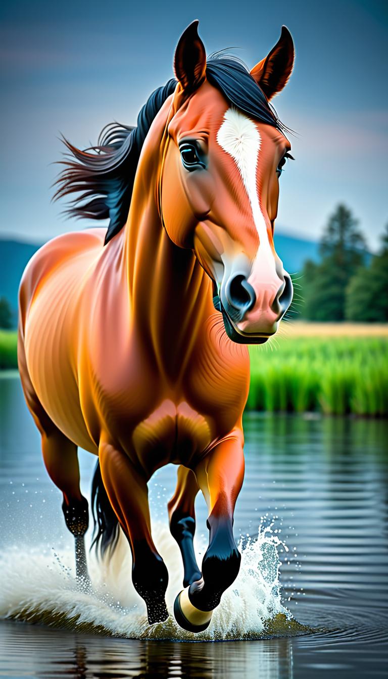  Professional 3D model of A horse. Detailed, beautiful and wonderful. The horse swimming in the water. Its on the evening and a sunrise is there. . Rendered with Octane, the model is highly detailed,dramatic lighting. hyperrealistic, full body, detailed clothing, highly detailed, cinematic lighting, stunningly beautiful, intricate, sharp focus, f/1. 8, 85mm, (centered image composition), (professionally color graded), ((bright soft diffused light)), volumetric fog, trending on instagram, trending on tumblr, HDR 4K, 8K