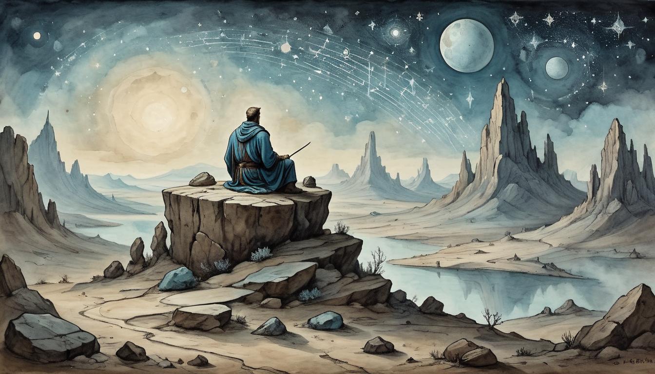  on parchment, surrealism+++, Solitary figure seated on a rugged rock, surrounding landscape barren and rough, celestial constellations above, contemplation, introspection(mysterious, provocative, symbolic,muted color)+++