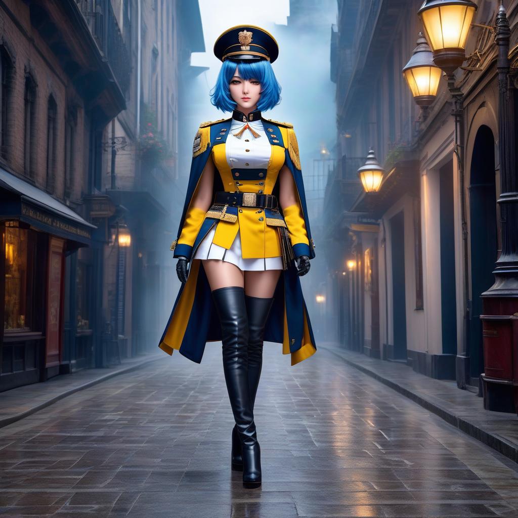  Girl, paladin, (full body), blue hair, bob cut, bright yellow eyes, hourglass figure, fully clothed, military uniform, (ceremonial uniform of the 19th century), white clothes, white cloak, ((leggings)) , over the knee boots, thigh high boots, tight boots, shako hat, (grenadier's hat), belt, choker, epaulettes, awards, looking at viewer, looking down, evil grin, (extremely hyper detailed face), (masterpiece: 1.4), (perfect eyes: 1.1), (perfect hands), 2D, anime, extremely detailed clothes. hyperrealistic, full body, detailed clothing, highly detailed, cinematic lighting, stunningly beautiful, intricate, sharp focus, f/1. 8, 85mm, (centered image composition), (professionally color graded), ((bright soft diffused light)), volumetric fog, trending on instagram, trending on tumblr, HDR 4K, 8K