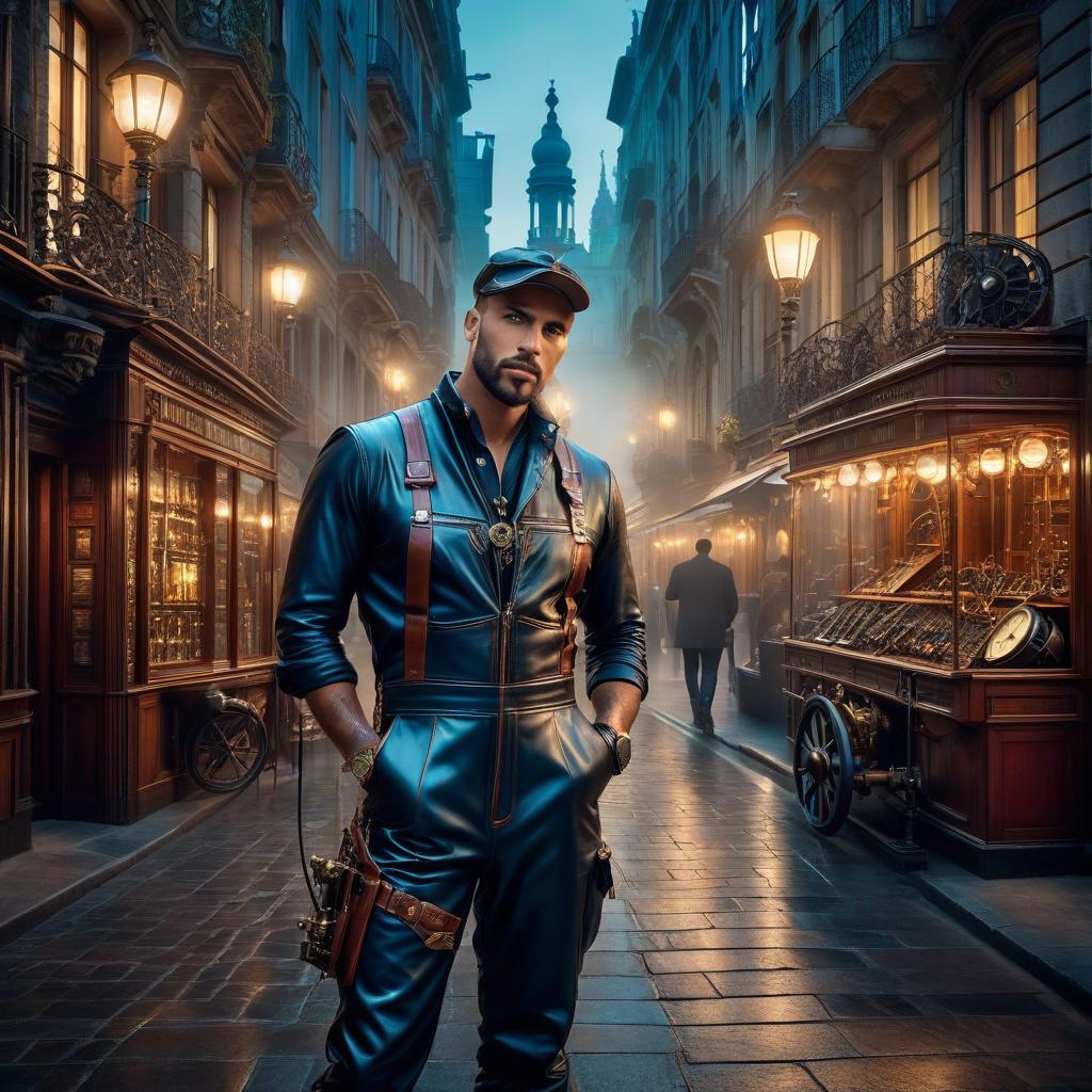  nautical themed Steam punk. Steam punk. Barcelona. Street of a futuristic city. Evening, the lights are on. A young mechanic in leather overalls. Instrument dials are visible. Protective gles. Next to futuristic steam engine, city fairytale atmosphere, masterpiece, extremely detailed, complex composition, fantasy, wide angle, radiance, colorful painting, rich color, HDR, digital ilration. Lots of details . sea, ocean, ships, maritime, beach, marine life, highly detailed hyperrealistic, full body, detailed clothing, highly detailed, cinematic lighting, stunningly beautiful, intricate, sharp focus, f/1. 8, 85mm, (centered image composition), (professionally color graded), ((bright soft diffused light)), volumetric fog, trending on instagram, trending on tumblr, HDR 4K, 8K