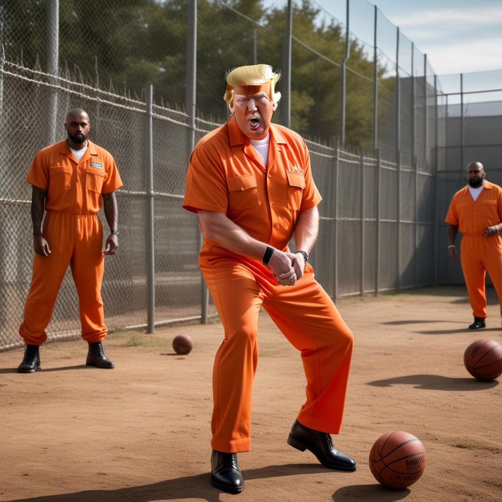  Donald Trump dressed as a prison inmate in an orange jumpsuit, playing basketball on a prison yard. He is attempting to make a shot, surrounded by a chain-link fence and other inmates. The atmosphere should be humorous and exaggerated. hyperrealistic, full body, detailed clothing, highly detailed, cinematic lighting, stunningly beautiful, intricate, sharp focus, f/1. 8, 85mm, (centered image composition), (professionally color graded), ((bright soft diffused light)), volumetric fog, trending on instagram, trending on tumblr, HDR 4K, 8K