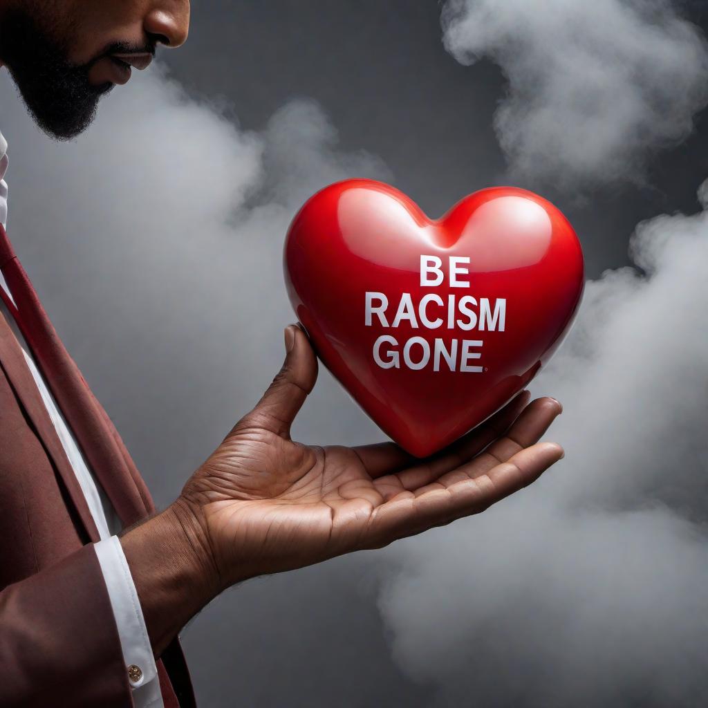  A big red heart being held and healed by a brown hand, with the words 'Racism be gone' written in big letters on the heart. The style should be vibrant, with a focus on inclusivity and a hopeful message. hyperrealistic, full body, detailed clothing, highly detailed, cinematic lighting, stunningly beautiful, intricate, sharp focus, f/1. 8, 85mm, (centered image composition), (professionally color graded), ((bright soft diffused light)), volumetric fog, trending on instagram, trending on tumblr, HDR 4K, 8K