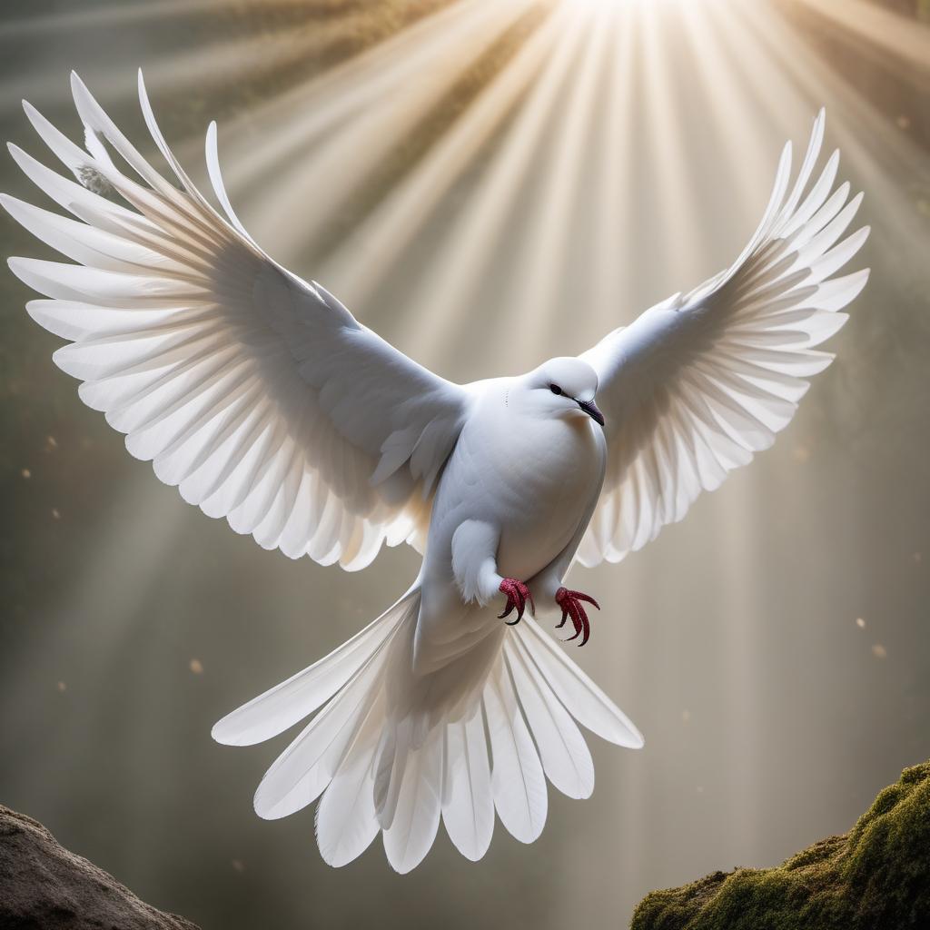  A depiction of the Holy Ghost dove, the dove has outstretched wings, symbolizing the Holy Spirit. The design is simple, elegant, and spiritual, evoking a sense of reverence and sanctity. The background should be plain to highlight the dove. hyperrealistic, full body, detailed clothing, highly detailed, cinematic lighting, stunningly beautiful, intricate, sharp focus, f/1. 8, 85mm, (centered image composition), (professionally color graded), ((bright soft diffused light)), volumetric fog, trending on instagram, trending on tumblr, HDR 4K, 8K