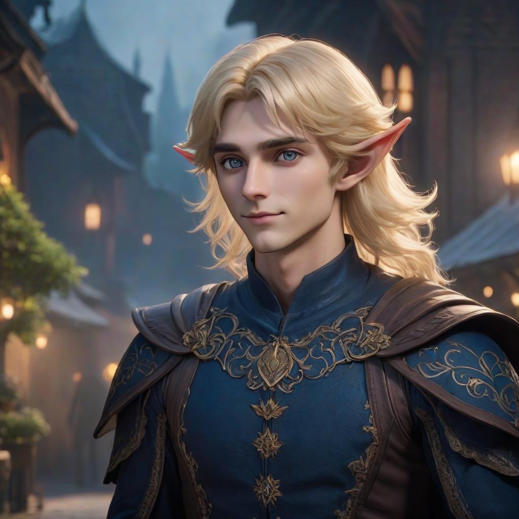  The guy is an elf with blond blond hair. The hair is short, slightly curly. The eyes are a bright deep dark blue color. The face is round. He's grinning. His eyes are slyly narrowed. hyperrealistic, full body, detailed clothing, highly detailed, cinematic lighting, stunningly beautiful, intricate, sharp focus, f/1. 8, 85mm, (centered image composition), (professionally color graded), ((bright soft diffused light)), volumetric fog, trending on instagram, trending on tumblr, HDR 4K, 8K