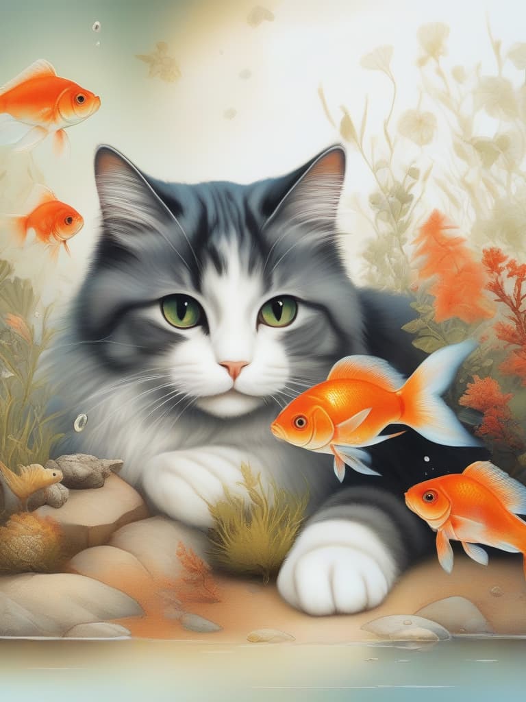  Cat,Goldfish, masterpiece, best quality,8k,ultra detailed,high resolution,an extremely delicate and beautiful,hyper detail