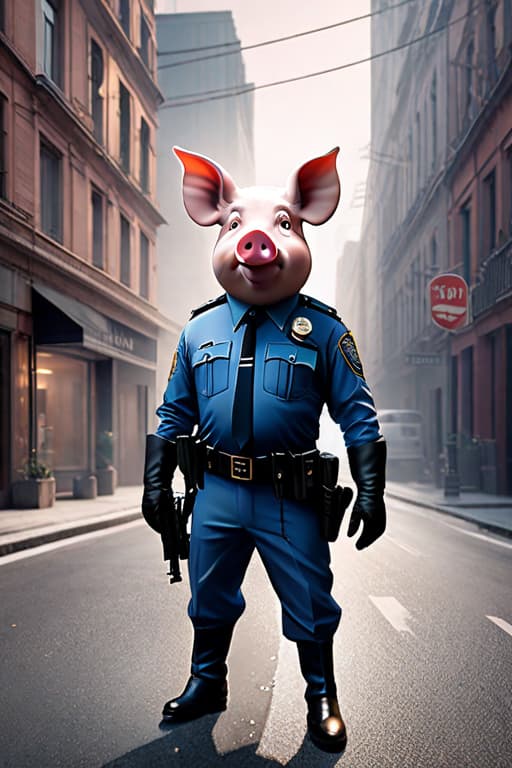  Pig wearing a police uniform. Pig is wearing ray ban sunglasses . Aiming shotgun. hyperrealistic, full body, detailed clothing, highly detailed, cinematic lighting, stunningly beautiful, intricate, sharp focus, f/1. 8, 85mm, (centered image composition), (professionally color graded), ((bright soft diffused light)), volumetric fog, trending on instagram, trending on tumblr, HDR 4K, 8K