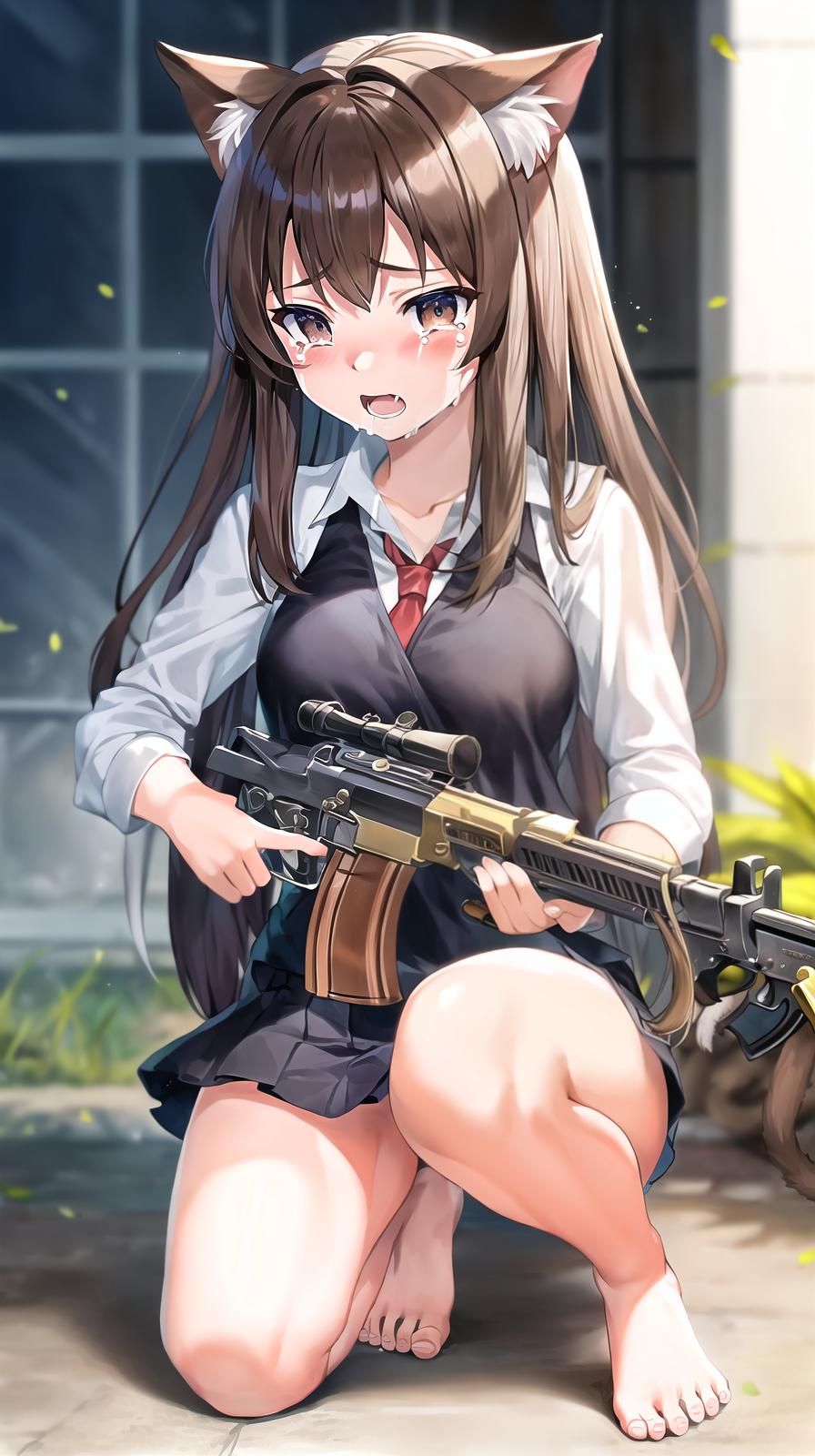  master piece , best quality,High school girl with submachine gun in hand, barefoot, brown hair, cat ears, crying face