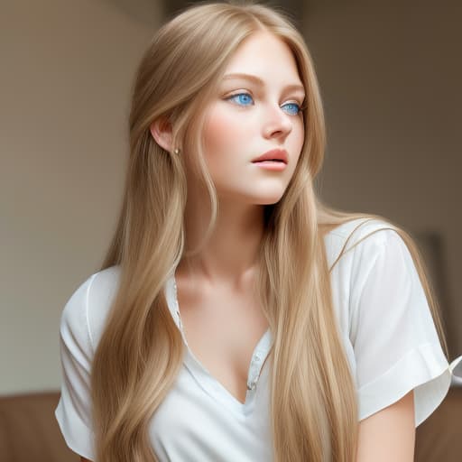  Portrait of a young woman with long blond flowing hair and soft, small blue eyes in a v-neck white dress Elegant Kissing a man with brown hair and white shirt and shorts on