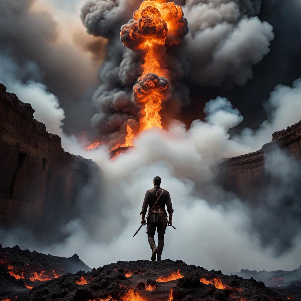  A dramatic scene of a man walking across the pit of hell, with fiery surroundings and smoke rising up. The man is looking up towards the sky, with a pleading expression on his face, asking for mercy from God to be saved. The image should capture the intense emotions and the contrast between darkness and light. hyperrealistic, full body, detailed clothing, highly detailed, cinematic lighting, stunningly beautiful, intricate, sharp focus, f/1. 8, 85mm, (centered image composition), (professionally color graded), ((bright soft diffused light)), volumetric fog, trending on instagram, trending on tumblr, HDR 4K, 8K