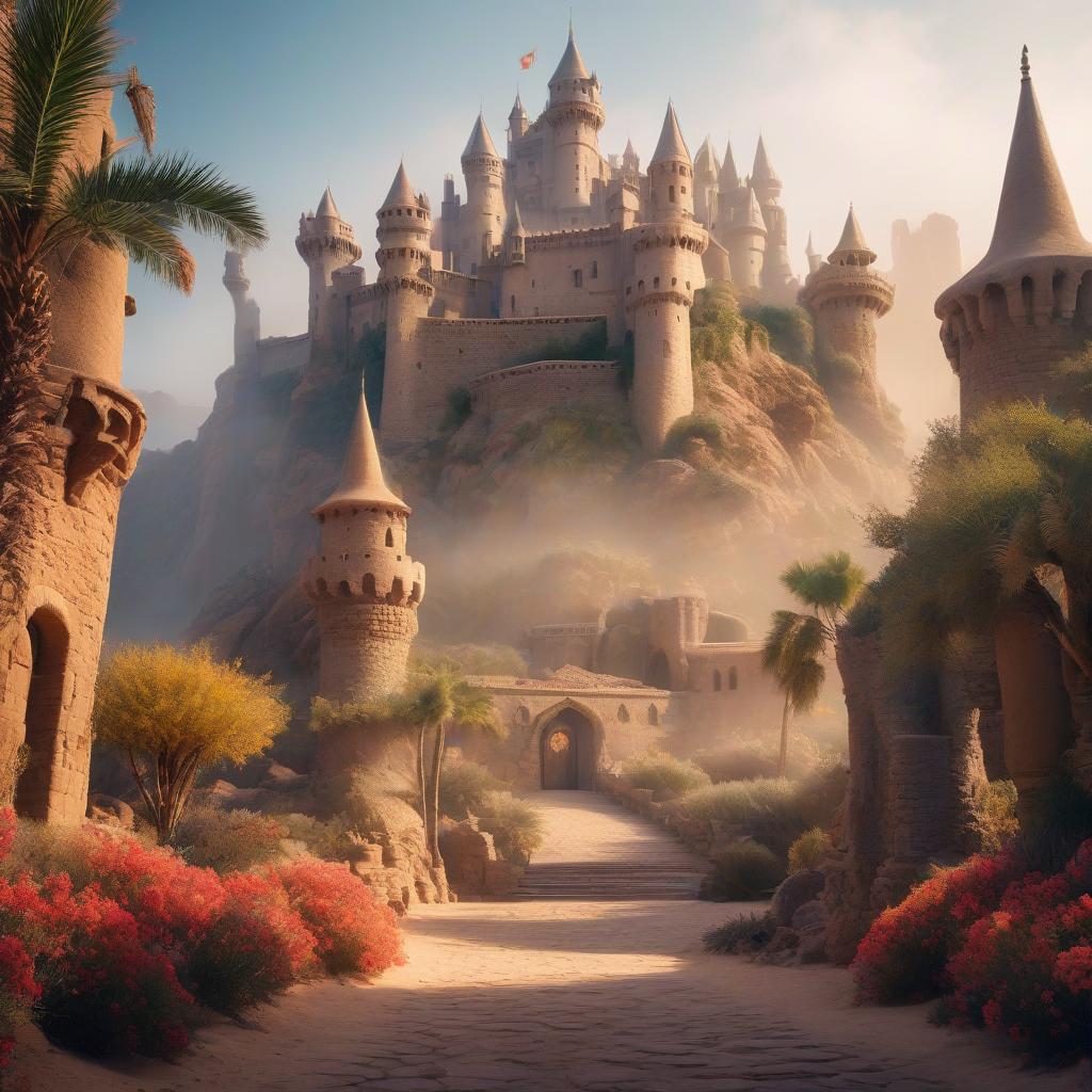  A fantastic fairy tale castle. New technology. Desert. Oasis. hyperrealistic, full body, detailed clothing, highly detailed, cinematic lighting, stunningly beautiful, intricate, sharp focus, f/1. 8, 85mm, (centered image composition), (professionally color graded), ((bright soft diffused light)), volumetric fog, trending on instagram, trending on tumblr, HDR 4K, 8K