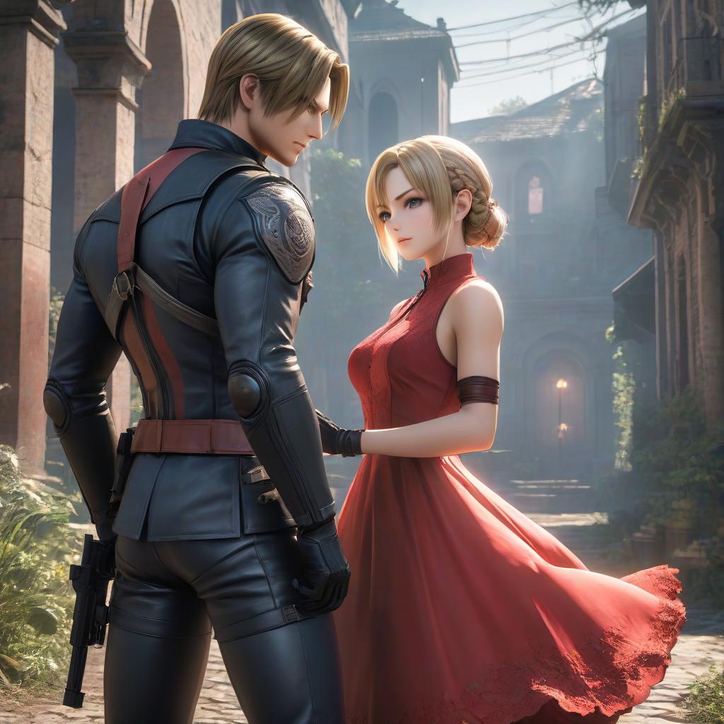  anime artwork A girl with fair skin and fair hair in a pretty red dress next to Leon Kennedy from the game Resident Evil 4 Remake. . anime style, key visual, vibrant, studio anime, highly detailed hyperrealistic, full body, detailed clothing, highly detailed, cinematic lighting, stunningly beautiful, intricate, sharp focus, f/1. 8, 85mm, (centered image composition), (professionally color graded), ((bright soft diffused light)), volumetric fog, trending on instagram, trending on tumblr, HDR 4K, 8K