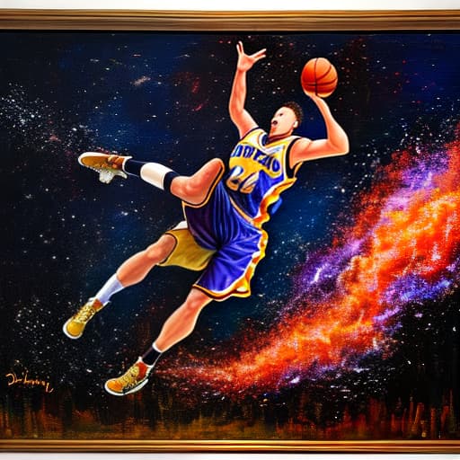  An expressive oil painting of a basketball player dunking, depicted as an explosion of a nebula