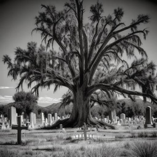  Old west style cemetery with a large dead tree in the background.