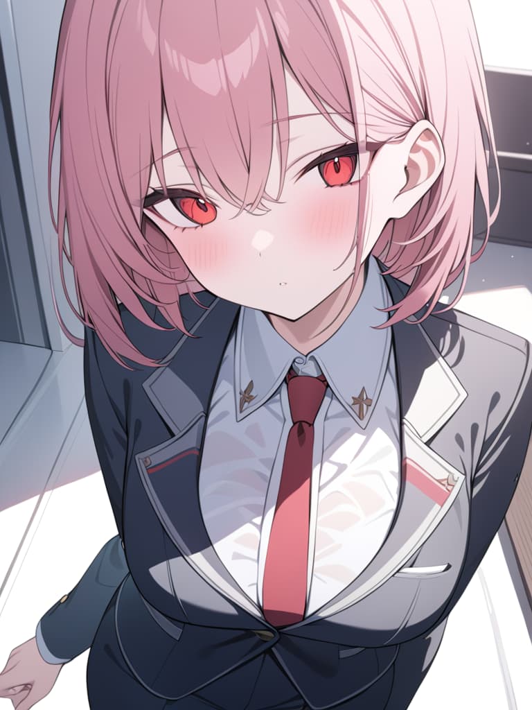  Pink hair, pink hair, red eye, boy, mash hair, short hair, red eyes, straight hair, suit, handsome, masterpiece, best quality,8k,ultra detailed,high resolution,an extremely delicate and beautiful,hyper detail