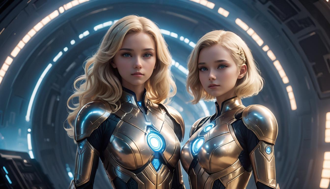  2girls, large busted attractive blonde arian female humanoids, celestial setting, intricate star patterns, soft ethereal glow, high tech clothing clad in sleek, futuristic costume with metallic accents and form fitting designs, marvel superhero comics style, unreal engine rendering