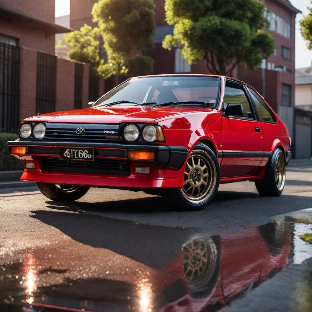  1985 AE86 Toyota Corolla Levin Coupe in red. Highlight the iconic design, detailed headlights, front grille, and sporty wheels. Place the car in a scenic background with good lighting to showcase its features. hyperrealistic, full body, detailed clothing, highly detailed, cinematic lighting, stunningly beautiful, intricate, sharp focus, f/1. 8, 85mm, (centered image composition), (professionally color graded), ((bright soft diffused light)), volumetric fog, trending on instagram, trending on tumblr, HDR 4K, 8K