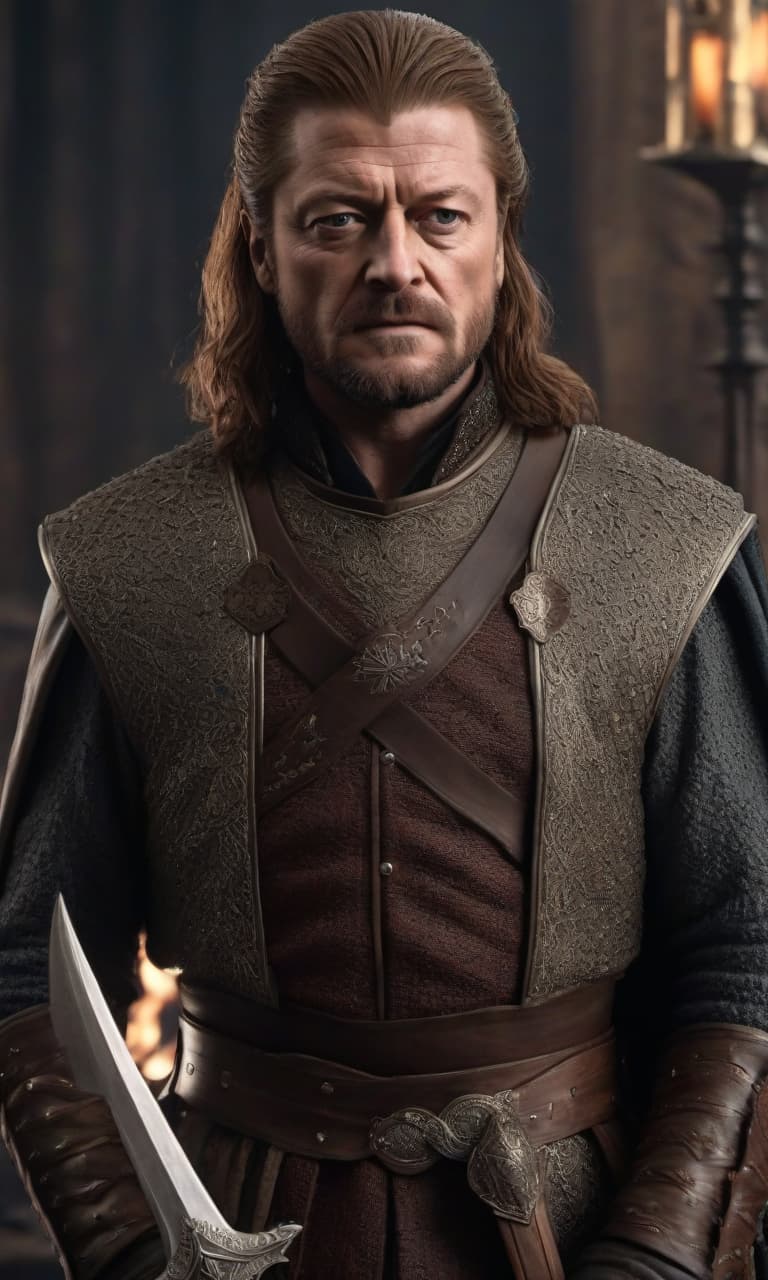  Game of Thrones: Eddard "Ned" Stark in full height hyperrealistic, full body, detailed clothing, highly detailed, cinematic lighting, stunningly beautiful, intricate, sharp focus, f/1. 8, 85mm, (centered image composition), (professionally color graded), ((bright soft diffused light)), volumetric fog, trending on instagram, trending on tumblr, HDR 4K, 8K