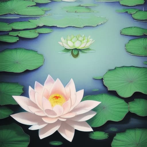  Image of 1 white lotus flower in heaven with serenity tone and holy spirituality mood create overall image in very lovely pastel palette