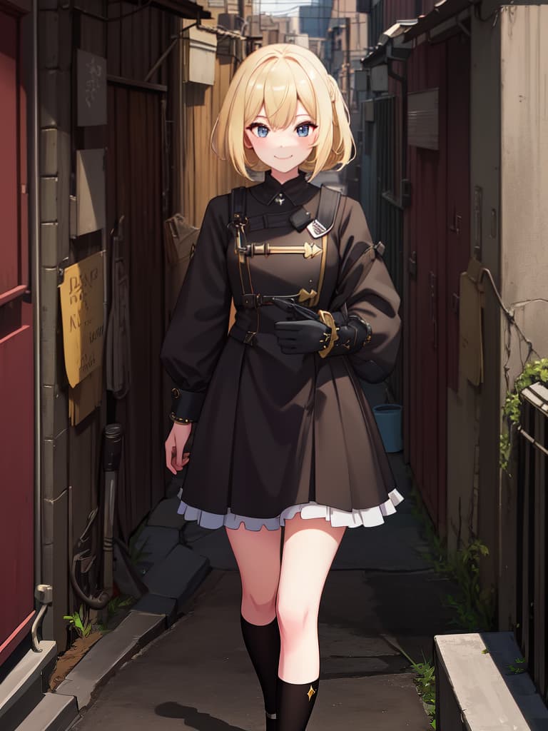  Bob, back alley, blonde, margin smile, clothes are covered, masterpiece, best quality,8k,ultra detailed,high resolution,an extremely delicate and beautiful,hyper detail