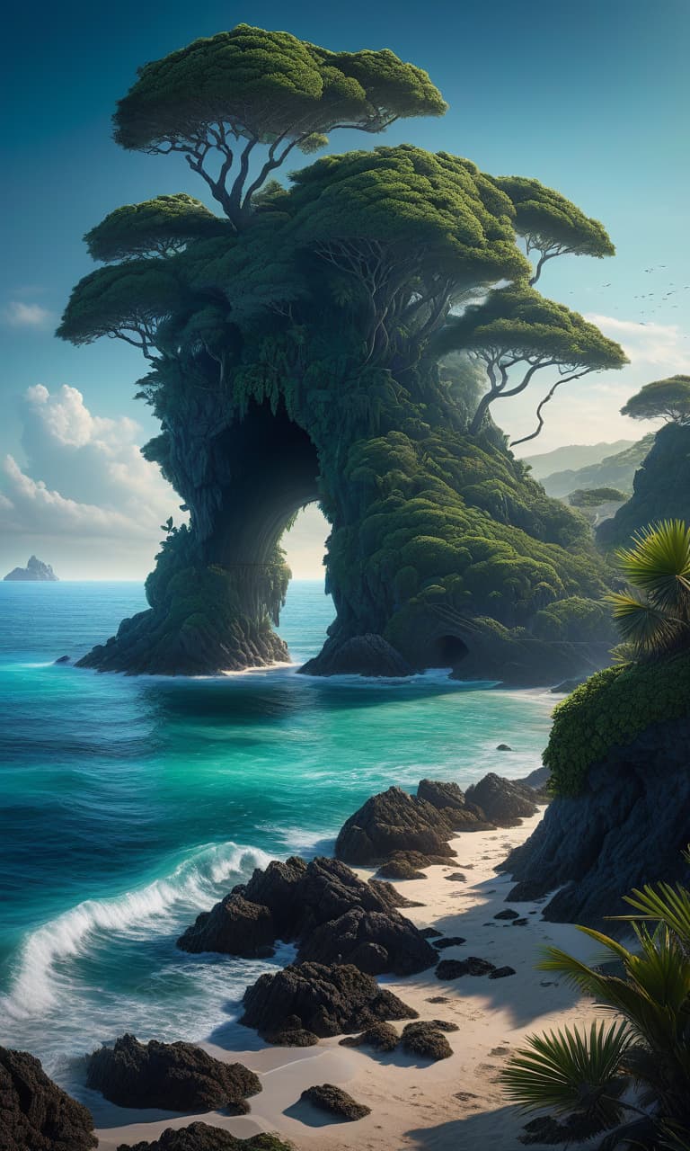  A medieval sea of blue with a hint of green, in which is situated an archipelago with beautiful sandy beaches. Along the shore, further away from the beach, are huts made of palm trees, occasionally of stone. Dark fantasy. A sea serpent peeks out from a sea cavity. hyperrealistic, full body, detailed clothing, highly detailed, cinematic lighting, stunningly beautiful, intricate, sharp focus, f/1. 8, 85mm, (centered image composition), (professionally color graded), ((bright soft diffused light)), volumetric fog, trending on instagram, trending on tumblr, HDR 4K, 8K