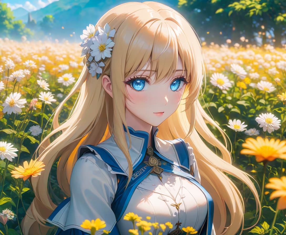  anime artwork In a field of flowers sits a girl with blue eyes and light hair. . anime style, key visual, vibrant, studio anime, highly detailed, oil painting hyperrealistic, full body, detailed clothing, highly detailed, cinematic lighting, stunningly beautiful, intricate, sharp focus, f/1. 8, 85mm, (centered image composition), (professionally color graded), ((bright soft diffused light)), volumetric fog, trending on instagram, trending on tumblr, HDR 4K, 8K