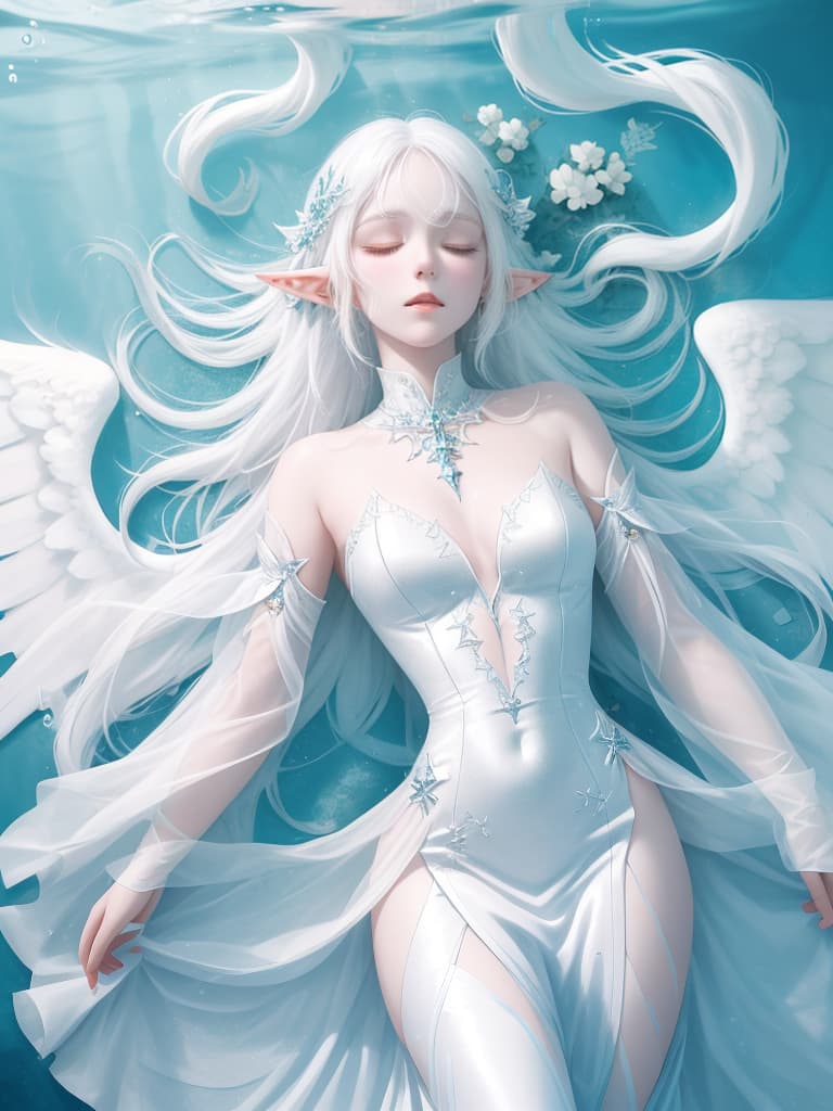  White hair, underwater, beautiful, sleeping, elf, angel wings, white skin, white clothes, cute, long hair straight, masterpiece, best quality,8k,ultra detailed,high resolution,an extremely delicate and beautiful,hyper detail