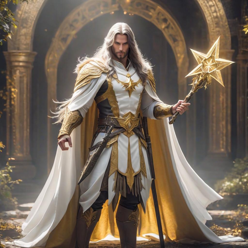  Man, long hair, light clothes white and gold, make only, fantasy, magick, man, a halo with a gold star, a cloak, a large two handed sword with yellow white runes. hyperrealistic, full body, detailed clothing, highly detailed, cinematic lighting, stunningly beautiful, intricate, sharp focus, f/1. 8, 85mm, (centered image composition), (professionally color graded), ((bright soft diffused light)), volumetric fog, trending on instagram, trending on tumblr, HDR 4K, 8K