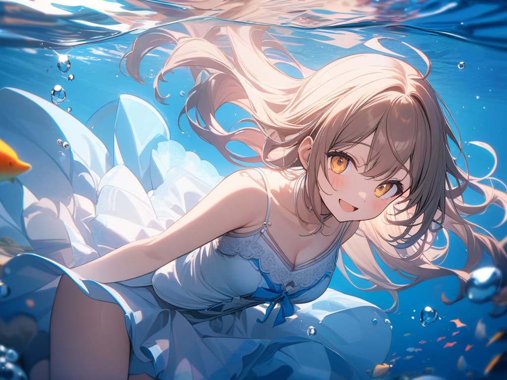  Cute, , big eyes, big s, camisole, , underwater, underwater, sea, beautiful, smiling, dress, masterpiece, best quality,8k,ultra detailed,high resolution,an extremely delicate and beautiful,hyper detail