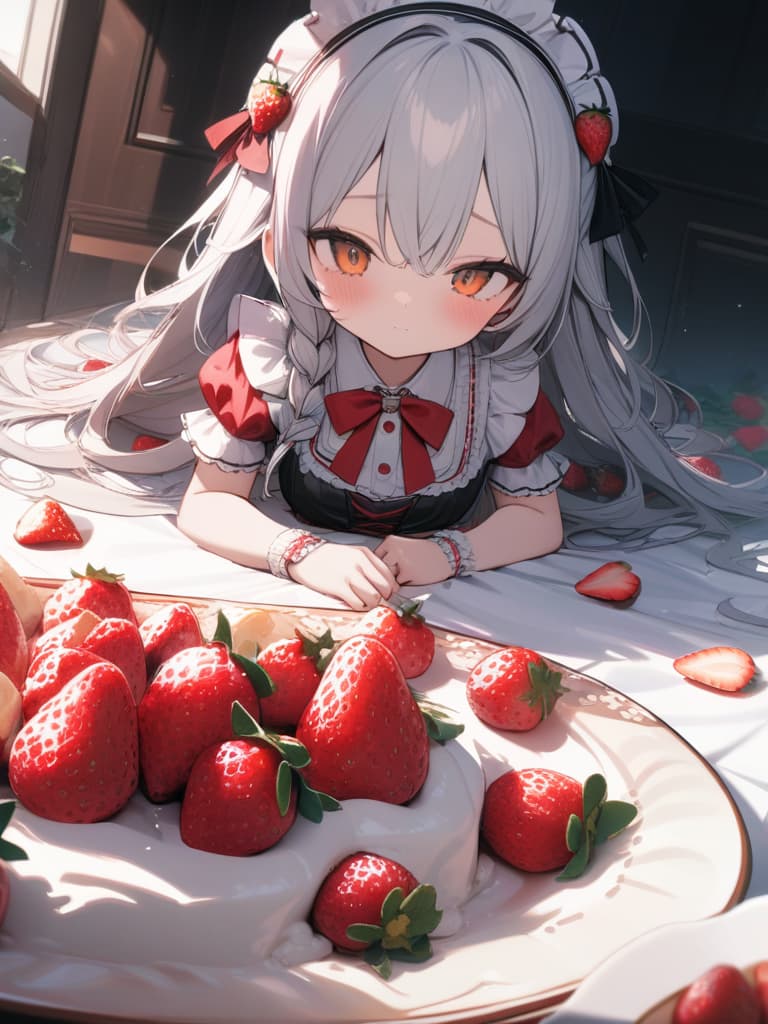  Cute, young face, big eyes, red, white hair, strawberry hair ornaments, half twin, fluffy hair, white and strawberry dresses, maid clothes, strawberries, masterpiece, best quality,8k,ultra detailed,high resolution,an extremely delicate and beautiful,hyper detail