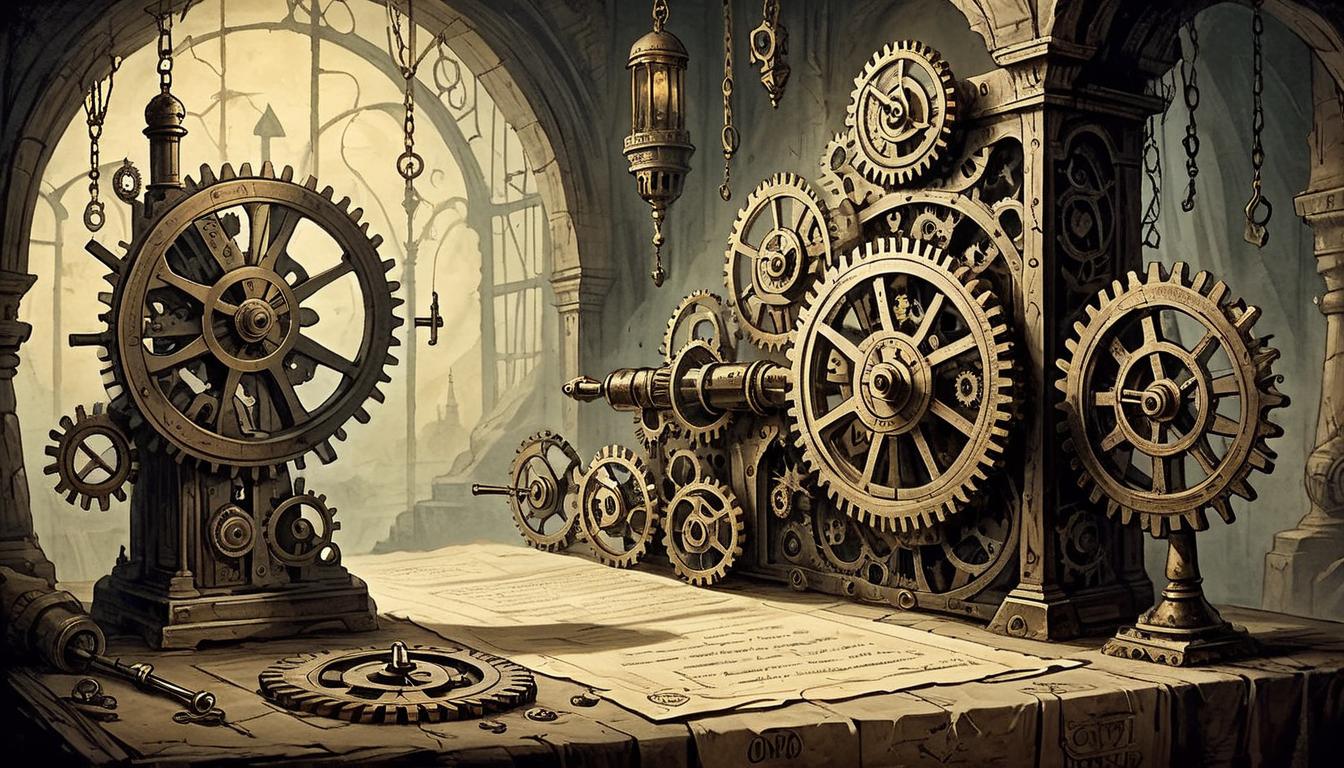  on parchment, surrealism+++, Clockwork gears and machinery behind a shadowy curtain, turning with sinister efficiency, gears marked with signs of betrayal, mood of relentless planning, oppression(mysterious, provocative, symbolic,muted color)+++