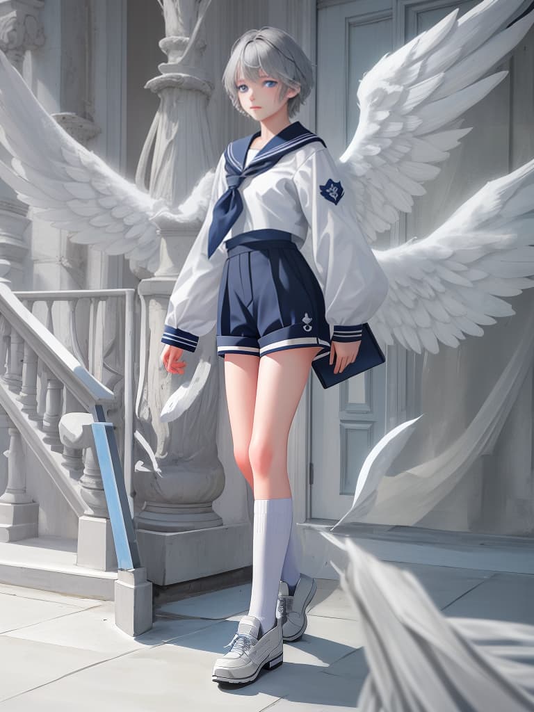  Gray hair, blue eyes, angels, sailor uniforms, boys, cute, short hair, shorts, elementary school boys, masterpiece, best quality,8k,ultra detailed,high resolution,an extremely delicate and beautiful,hyper detail