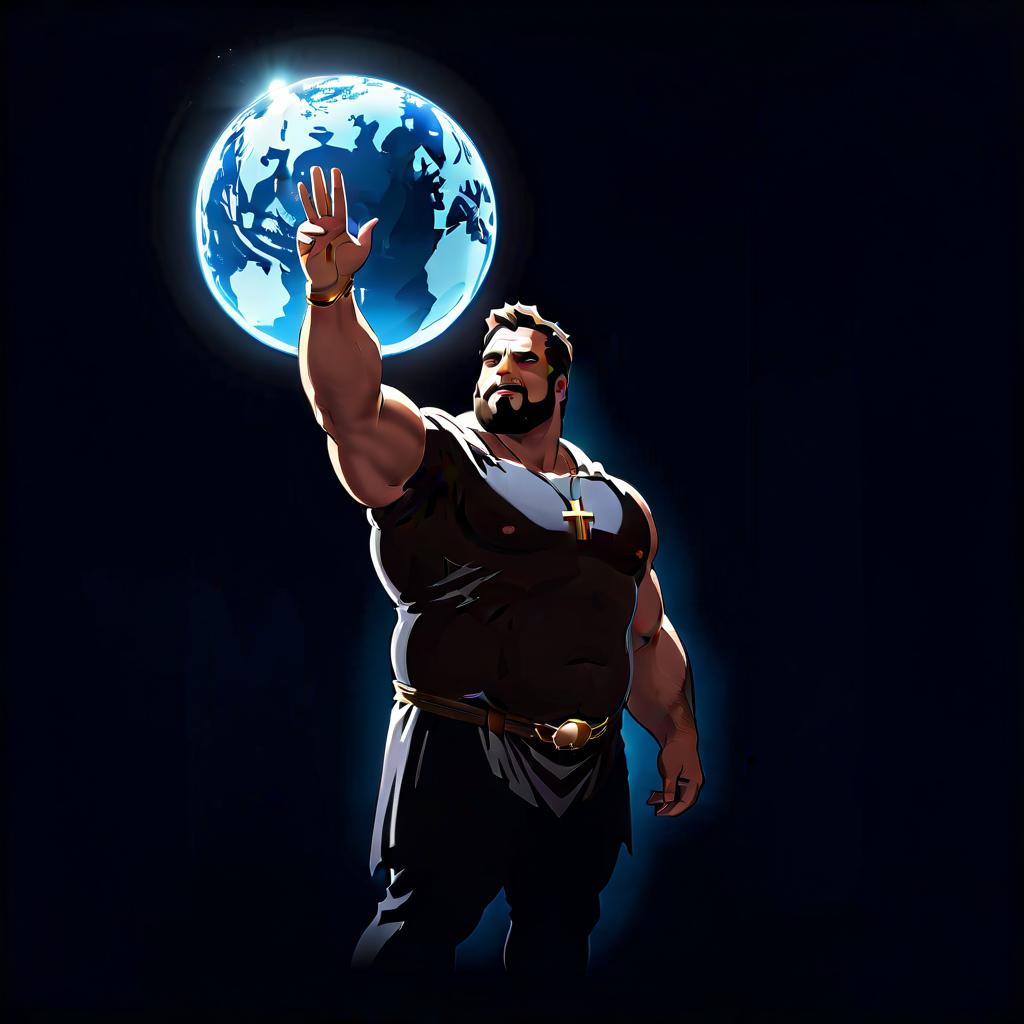  macabre style An overweight man, like a Greek hero, holds up the planet Earth with his raised hand, quality 4K, UHD. (Translation: A bulky man, like a Greek hero, holds up the planet Earth with his raised hand, in 4K, UHD quality.) . dark, gothic, grim, haunting, highly detailed, STICKER, LOGO hyperrealistic, full body, detailed clothing, highly detailed, cinematic lighting, stunningly beautiful, intricate, sharp focus, f/1. 8, 85mm, (centered image composition), (professionally color graded), ((bright soft diffused light)), volumetric fog, trending on instagram, trending on tumblr, HDR 4K, 8K