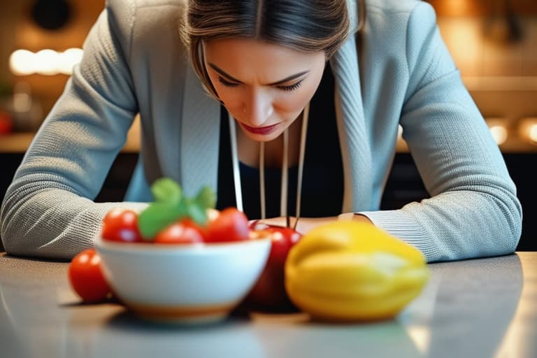  "Realistic close up of a middle aged woman (female) with a worried expression, sitting at a kitchen table. The table has five distinct foods known to cause dementia: processed meats, sugary snacks, fried foods, refined carbs, and high fat dairy products. The background is a simple, clean kitchen setting, slightly blurred to keep the focus on the woman and the foods. The lighting is natural, highlighting the textures and details of the foods and the woman's concerned face. The overall mood is serious and informative, with a clear emphasis on the potential dangers of these foods."Ensure no face,leg,hand or eye defomities.Ensure all images are clear, detailed, contains no text and no deformities. realistic, highly detailed, photorealistic, cin hyperrealistic, full body, detailed clothing, highly detailed, cinematic lighting, stunningly beautiful, intricate, sharp focus, f/1. 8, 85mm, (centered image composition), (professionally color graded), ((bright soft diffused light)), volumetric fog, trending on instagram, trending on tumblr, HDR 4K, 8K