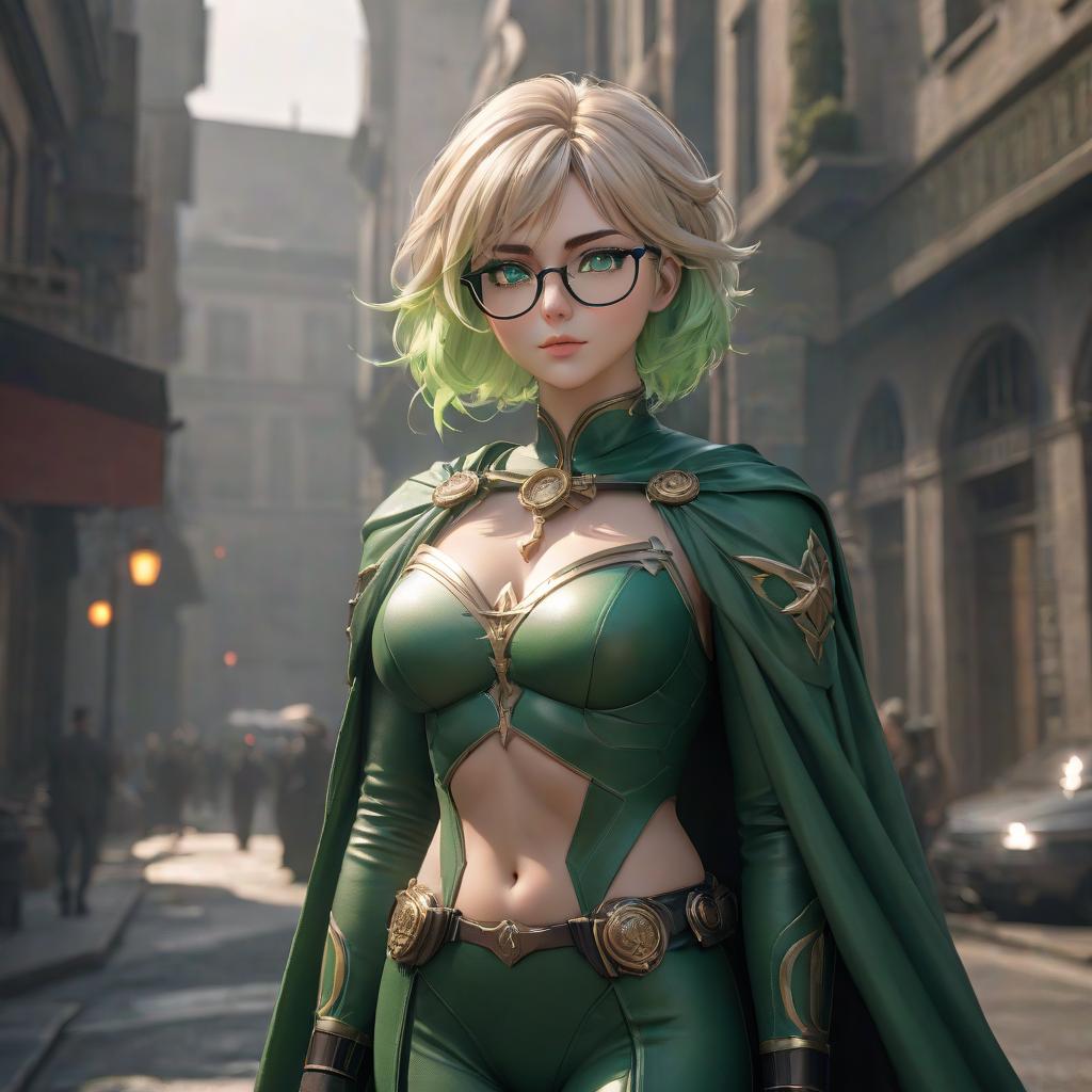  The goddess of justice and order and rigor. Short light hair, green eyes, glasses. hyperrealistic, full body, detailed clothing, highly detailed, cinematic lighting, stunningly beautiful, intricate, sharp focus, f/1. 8, 85mm, (centered image composition), (professionally color graded), ((bright soft diffused light)), volumetric fog, trending on instagram, trending on tumblr, HDR 4K, 8K