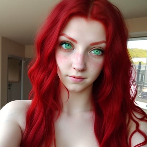  Dyed red hair wavy with green eyes and a nose piercing Funny