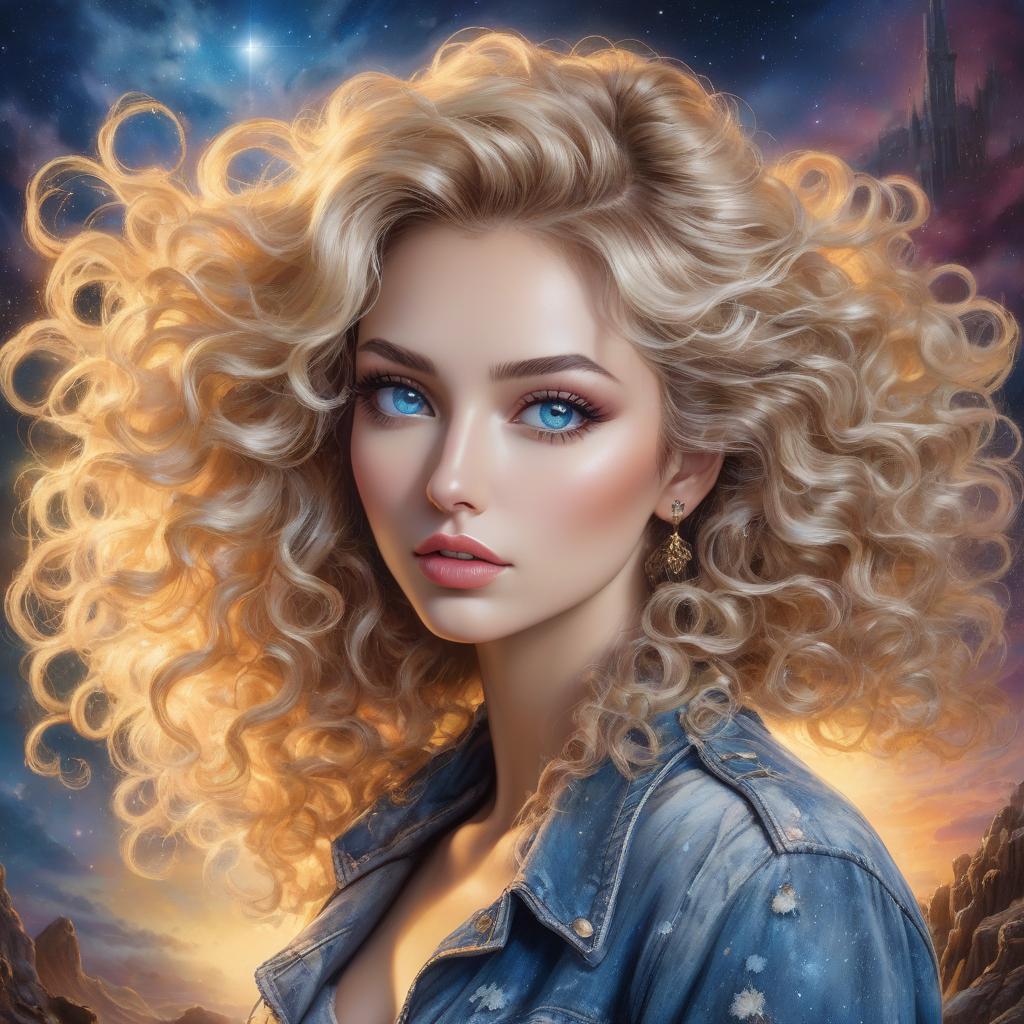  grunge style A digital portrait of a woman with curly blond hair, blue eyes, and a celestial background. Create a vintage Aquarell im Stil von Josephine Wall, Tomasz Allen Kopera, Dariusz Zawadzki, Andreja Peklar, Ivan Shiskine ,a fantasy style portrait of a young woman with long, wavy ash blond hair, featuring subtle brown highlights. Her complexion is fair with a warm undertone. She has large, round, hazel eyes with visible eyelashes and well groomed, arched eyebrows. Her lips are full with a slight peach tint, accompanying a small, straight nose and a softly contoured face with prominent cheekbones, gently flushed cheeks, and a delicate chin. Modifiers: . textured, distressed, vintage, edgy, punk rock vibe, dirty, noisy hyperrealistic, full body, detailed clothing, highly detailed, cinematic lighting, stunningly beautiful, intricate, sharp focus, f/1. 8, 85mm, (centered image composition), (professionally color graded), ((bright soft diffused light)), volumetric fog, trending on instagram, trending on tumblr, HDR 4K, 8K