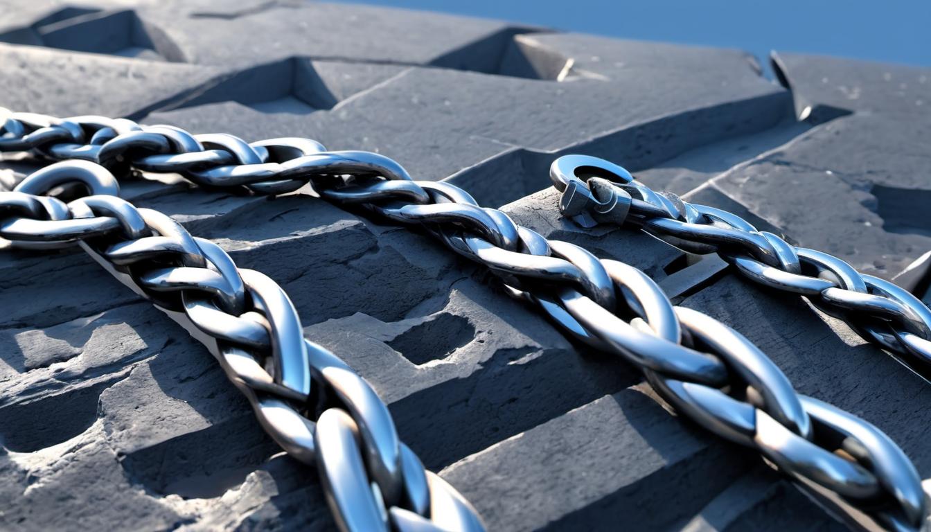  digital illustration, A broken chain, lying on the ground with shattered links, background of a clear blue sky, simple yet powerful, liberating, sense of freedom, relief, looking at viewer, dynamic pose, (intricate details, masterpiece, best quality)