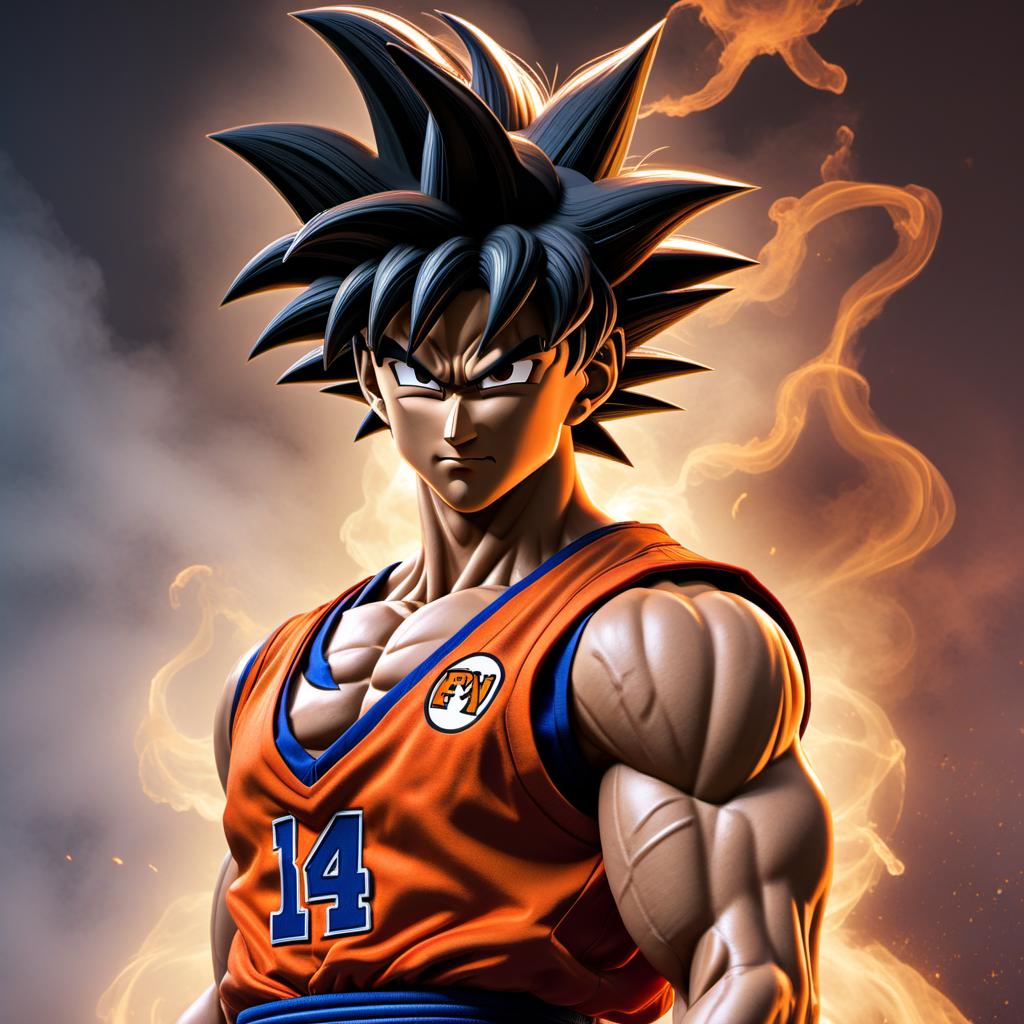  Create an NBA-style logo featuring Goku from Dragon Ball Z. Goku should be in a dynamic pose that closely resembles the classic NBA logo pose. The logo should incorporate the iconic NBA colors (red, white, and blue) and style, blending both the NBA and Dragon Ball Z themes seamlessly. hyperrealistic, full body, detailed clothing, highly detailed, cinematic lighting, stunningly beautiful, intricate, sharp focus, f/1. 8, 85mm, (centered image composition), (professionally color graded), ((bright soft diffused light)), volumetric fog, trending on instagram, trending on tumblr, HDR 4K, 8K