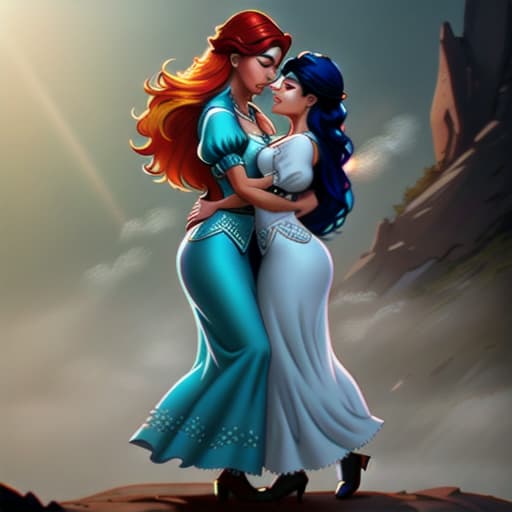  Disney Princess Ariel And Native American Woman Slow Dancing Close Up hyperrealistic, full body, detailed clothing, highly detailed, cinematic lighting, stunningly beautiful, intricate, sharp focus, f/1. 8, 85mm, (centered image composition), (professionally color graded), ((bright soft diffused light)), volumetric fog, trending on instagram, trending on tumblr, HDR 4K, 8K