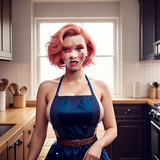  portrait of Scarlett Johansson dressed in playful maid, smiling, undercut hair, naked under apron, amazing body, pronounced feminine feature, huge boobs, kitchen, [ash blonde | ginger | pink hair], freckles, flirting with camera hyperrealistic, full body, detailed clothing, highly detailed, cinematic lighting, stunningly beautiful, intricate, sharp focus, f/1. 8, 85mm, (centered image composition), (professionally color graded), ((bright soft diffused light)), volumetric fog, trending on instagram, trending on tumblr, HDR 4K, 8K