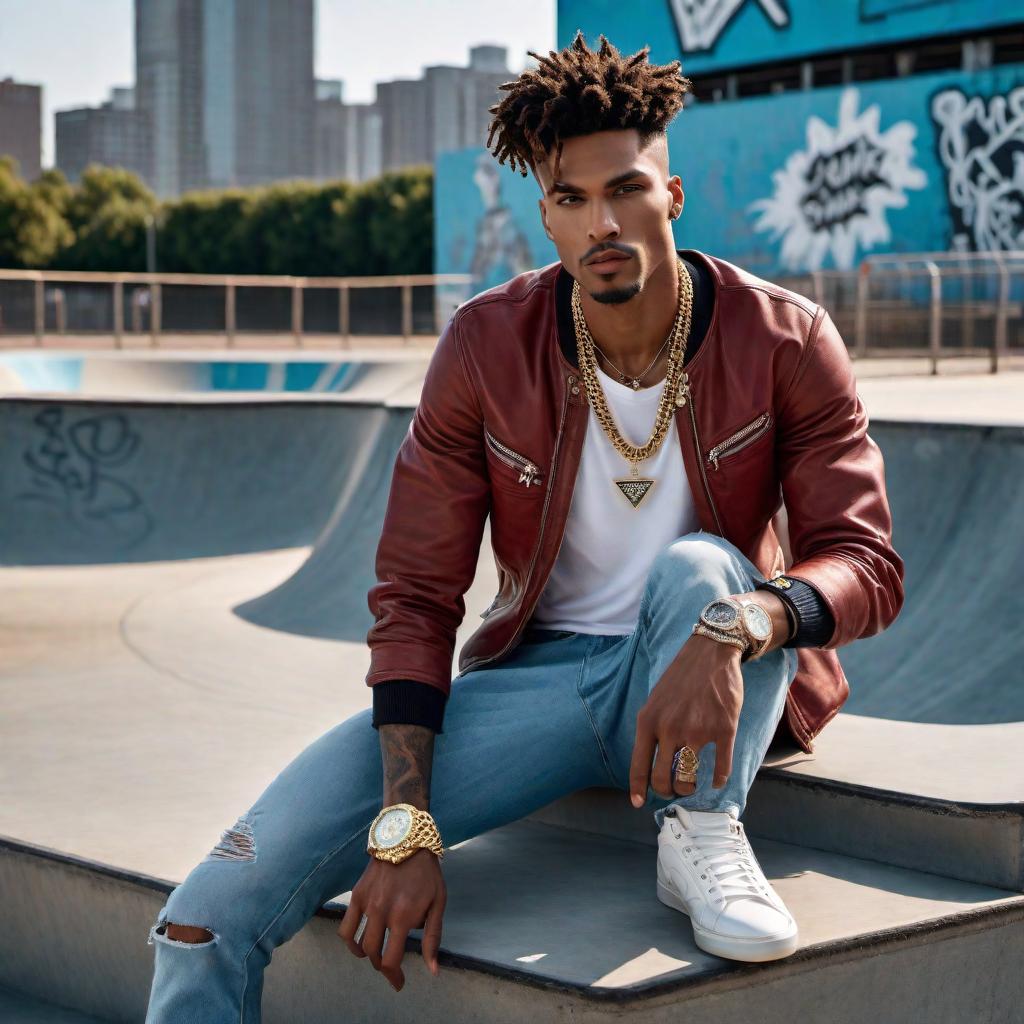  A male model at a skatepark wearing high-end diamond jewelry. The model is stylishly dressed in trendy streetwear fashion, with chains, rings, and a diamond-encrusted watch clearly visible. The skatepark has ramps, graffiti, and a chill urban vibe. hyperrealistic, full body, detailed clothing, highly detailed, cinematic lighting, stunningly beautiful, intricate, sharp focus, f/1. 8, 85mm, (centered image composition), (professionally color graded), ((bright soft diffused light)), volumetric fog, trending on instagram, trending on tumblr, HDR 4K, 8K