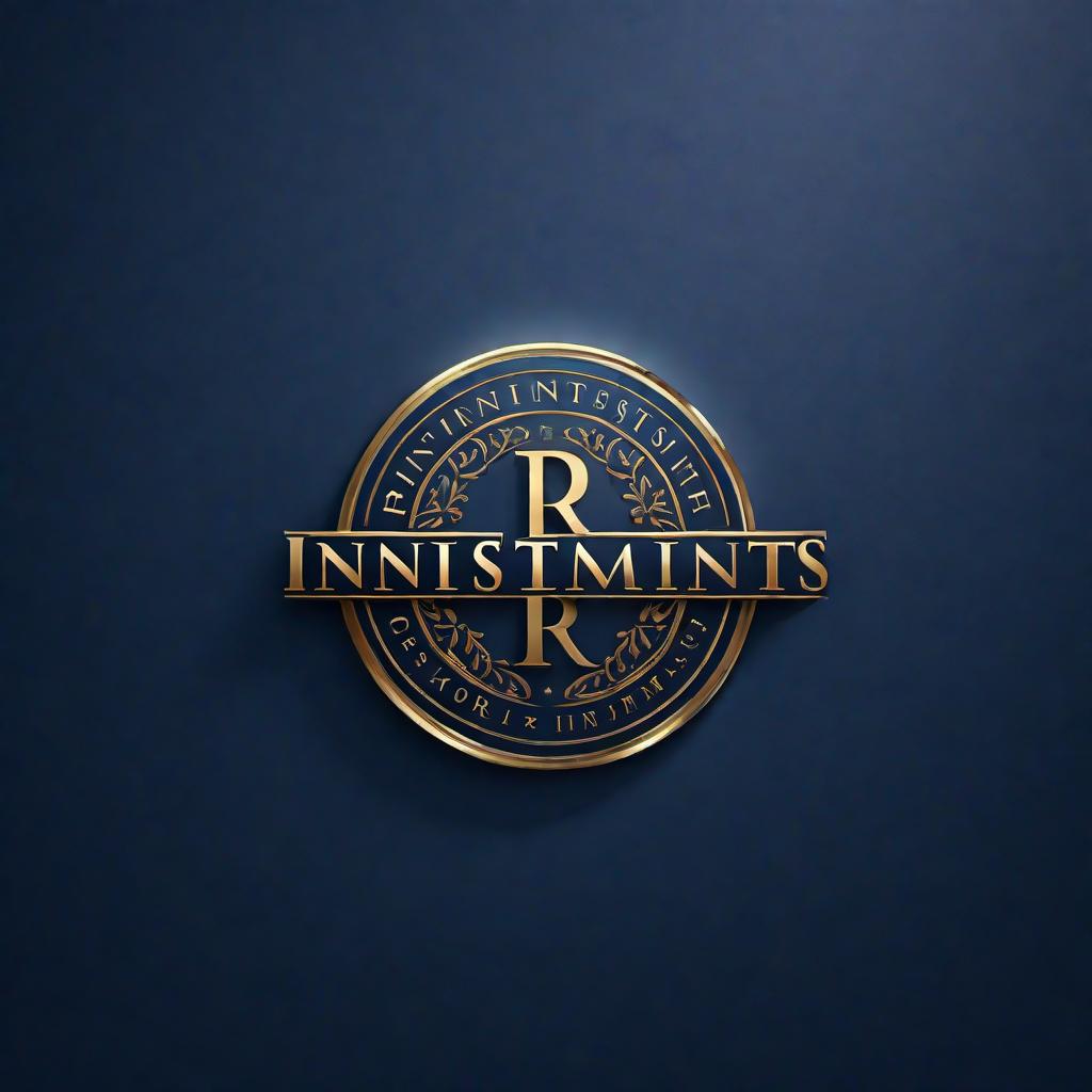  A professional and elegant logo for 'R Deal Investments' featuring only lettering in English. The text should be in gold lettering on a dark blue background, and the design should convey a sense of trust and sophistication suitable for an investment company. hyperrealistic, full body, detailed clothing, highly detailed, cinematic lighting, stunningly beautiful, intricate, sharp focus, f/1. 8, 85mm, (centered image composition), (professionally color graded), ((bright soft diffused light)), volumetric fog, trending on instagram, trending on tumblr, HDR 4K, 8K