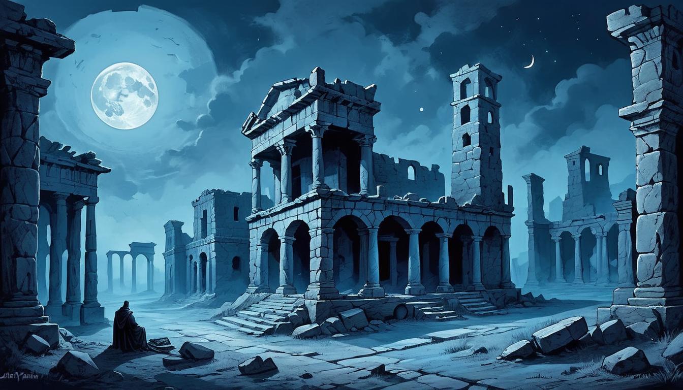  on parchment, surrealism+++, Ancient ruins under moonlight, crumbling stone structures, eerie blue glow, shadows dancing, sense of abandonment, desolation(mysterious, provocative, symbolic,muted color)+++