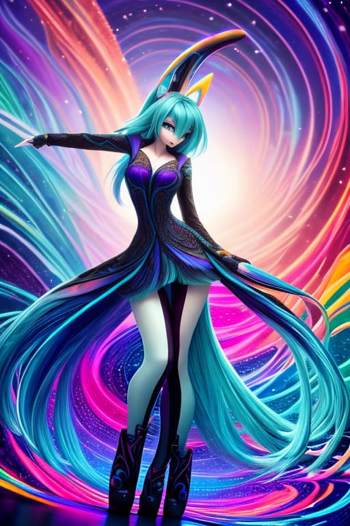  (masterpiece, best quality, highres:1.2), (intricate and beautiful:1.2), (detailed light:1.2), (colorful, dynamic angle), upper body shot, fashion photography of cute, intense long hair, (Hatsune Miku), dancing pose, flirting with POV, dynamic pose, soft moonlight passing through hair, (abstract colorful art background:1.3), (official art), (cinematic) hyperrealistic, full body, detailed clothing, highly detailed, cinematic lighting, stunningly beautiful, intricate, sharp focus, f/1. 8, 85mm, (centered image composition), (professionally color graded), ((bright soft diffused light)), volumetric fog, trending on instagram, trending on tumblr, HDR 4K, 8K