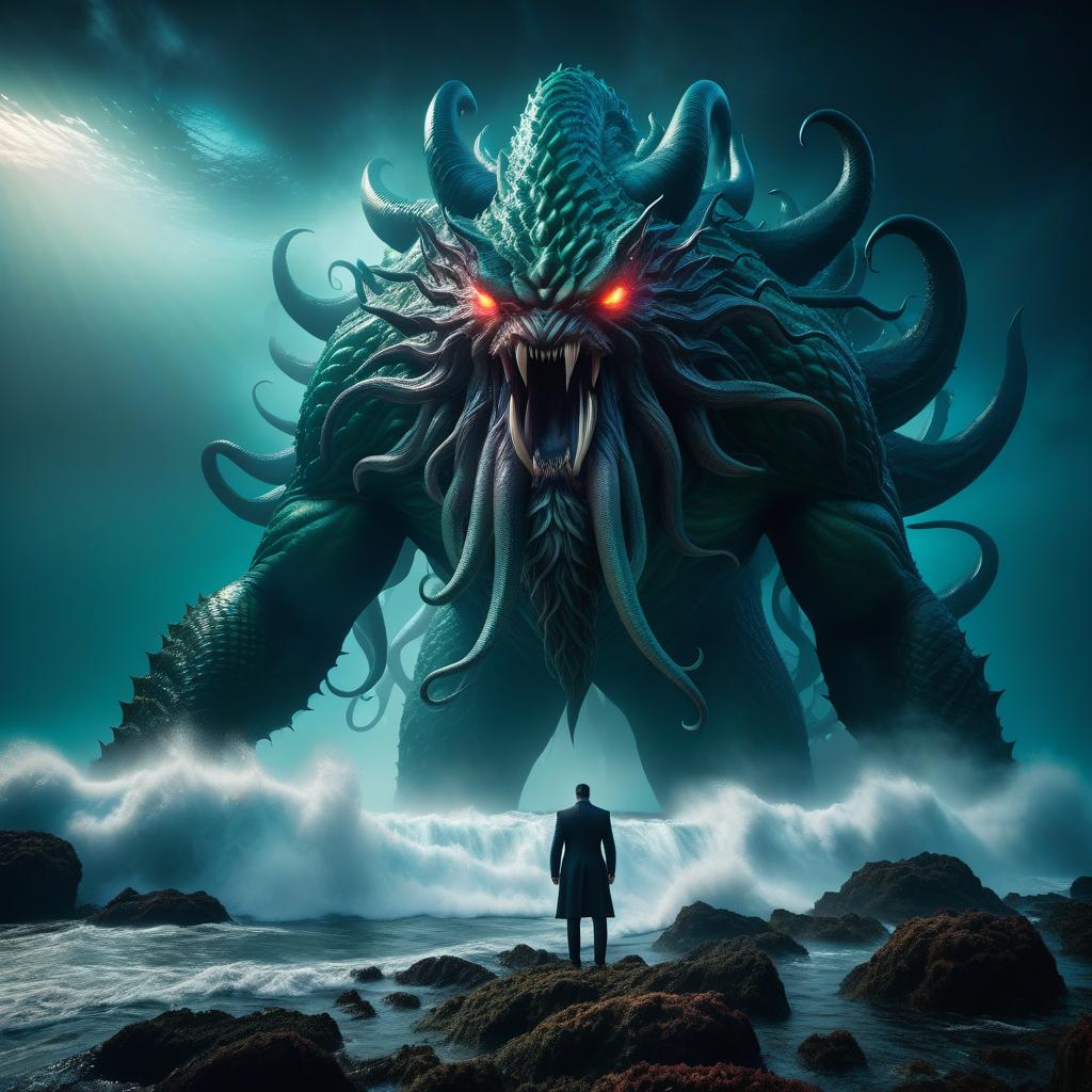  lovecraftian horror monster, huge, sea, ocean, terrible, demon . eldritch, cosmic horror, unknown, mysterious, surreal, highly detailed hyperrealistic, full body, detailed clothing, highly detailed, cinematic lighting, stunningly beautiful, intricate, sharp focus, f/1. 8, 85mm, (centered image composition), (professionally color graded), ((bright soft diffused light)), volumetric fog, trending on instagram, trending on tumblr, HDR 4K, 8K