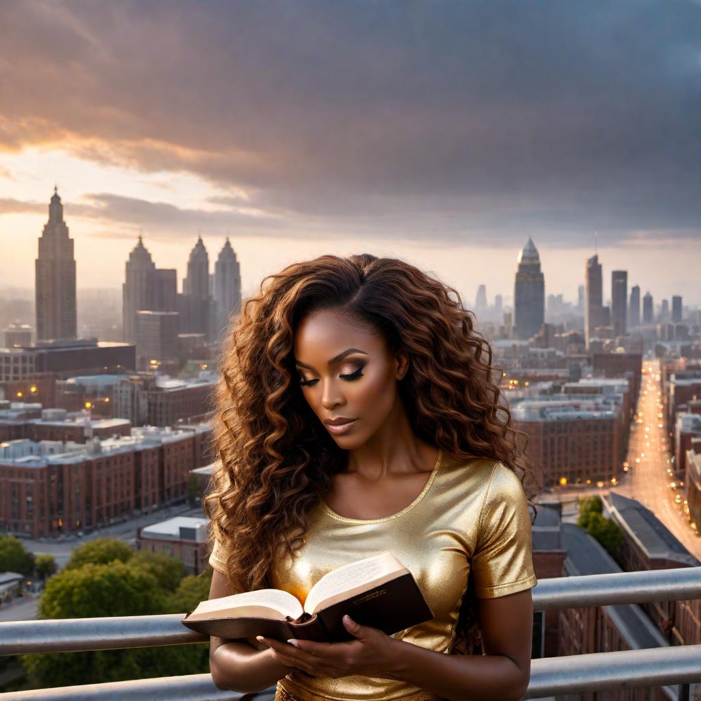  A hyper 3-D image of an African-American woman with flawless makeup, brown long curly hair with edges. She is wearing a gold glittery T-shirt that says 'Protected.' She is holding a Bible in her hands and staring at Psalms 91 of it. The background features a city view. hyperrealistic, full body, detailed clothing, highly detailed, cinematic lighting, stunningly beautiful, intricate, sharp focus, f/1. 8, 85mm, (centered image composition), (professionally color graded), ((bright soft diffused light)), volumetric fog, trending on instagram, trending on tumblr, HDR 4K, 8K