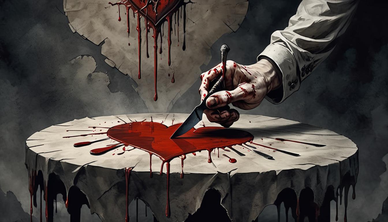  on parchment, surrealism+++, A hand holding a knife dripping with blood, in front of a broken heart sculpture, dark and foreboding background, sacrifice, betrayal, stark and emotional(mysterious, provocative, symbolic,muted color)+++