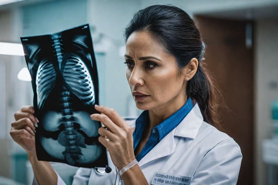  Depict a middle aged woman (gender specified) holding a chest X ray film, looking concerned. The background should be a simple, blurred hospital setting to maintain focus on the woman and the X ray. The image should be detailed, realistic, and closeup, with no facial deformities or text. The mood should convey concern and urgency, using quality and style modifiers to enhance the emotional impact effectively. hyperrealistic, full body, detailed clothing, highly detailed, cinematic lighting, stunningly beautiful, intricate, sharp focus, f/1. 8, 85mm, (centered image composition), (professionally color graded), ((bright soft diffused light)), volumetric fog, trending on instagram, trending on tumblr, HDR 4K, 8K