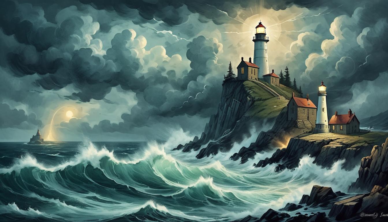  on parchment, surrealism+++, A lighthouse atop a rugged cliff, towering over a tumultuous sea, luminous beacon casting light, stormy skies, waves crashing against the rocks, symbol of hope, guidance, and resilience(mysterious, provocative, symbolic,muted color)+++